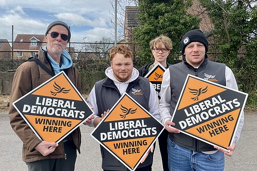 Picture of some of the Hartlepool Lib Dem team celebrating holding 'Winning Here' diamonds