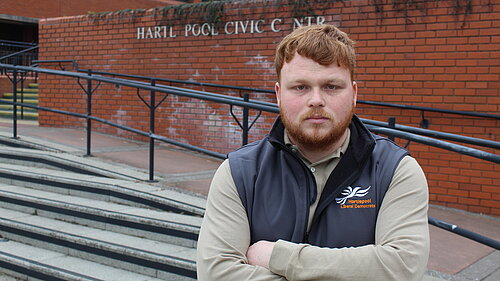 Connor Stallard infront of Hartlepool Borough Council with arms crossed